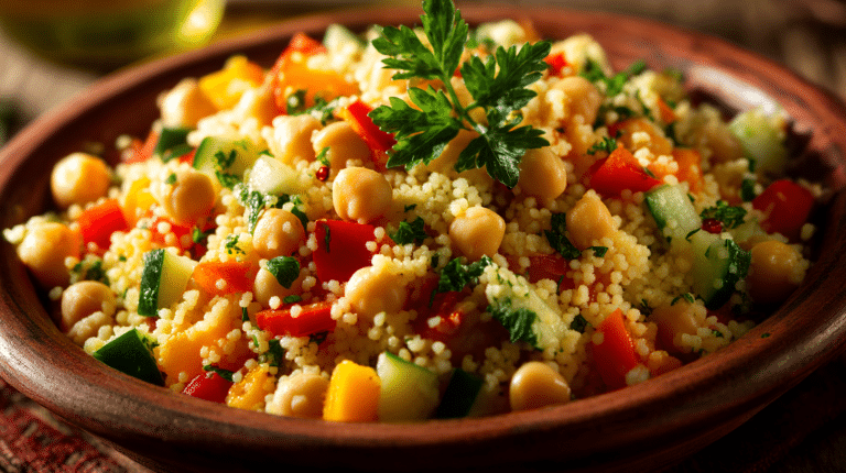 Veganer Couscous Salat in einer Schüssel, garniert mit frischem Gemüse und Kräutern, das traditionelle Aromen verkörpert