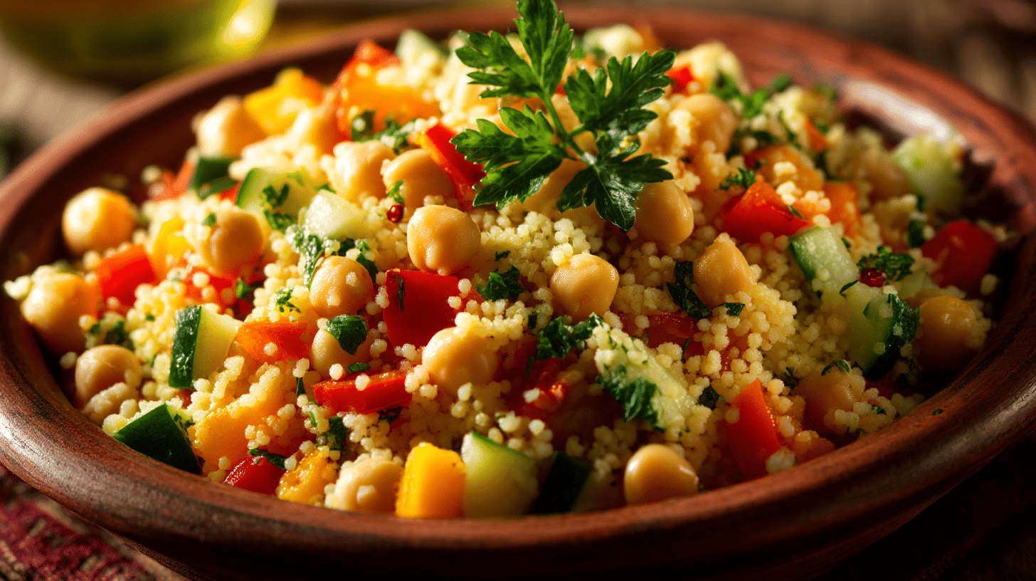 Veganer Couscous Salat in einer Schüssel, garniert mit frischem Gemüse und Kräutern, das traditionelle Aromen verkörpert