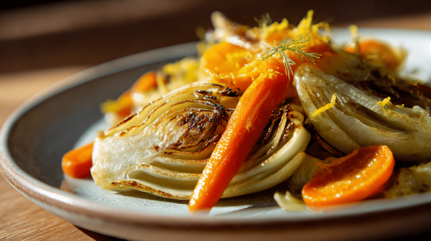Nahaufnahme von gebratenem Fenchel mit goldbraunen Rändern und frischen Kräutern.
