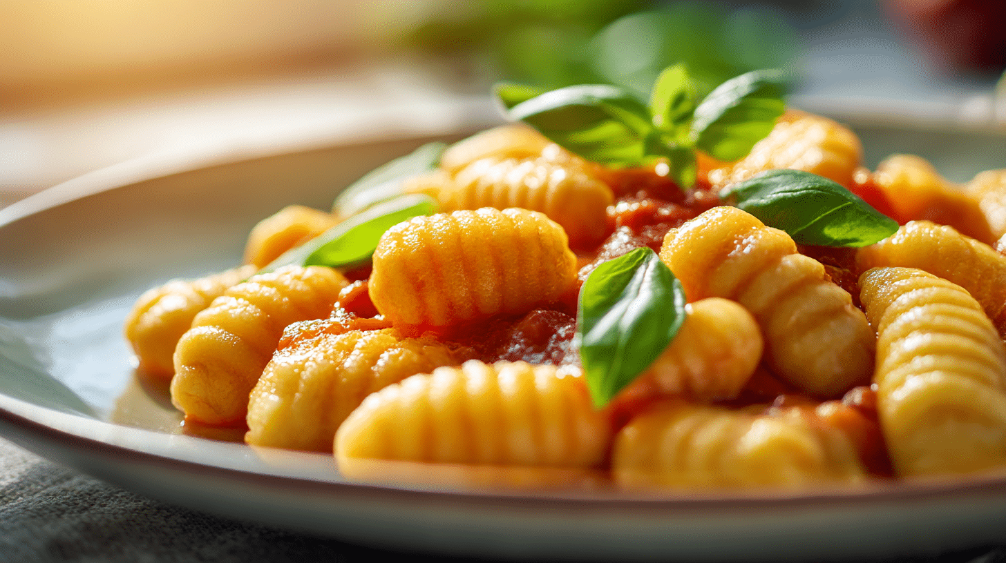 Veganisierte Gnocchi auf einem rustikalen Holzbrett, garniert mit frischen Kräutern und Tomatensauce
