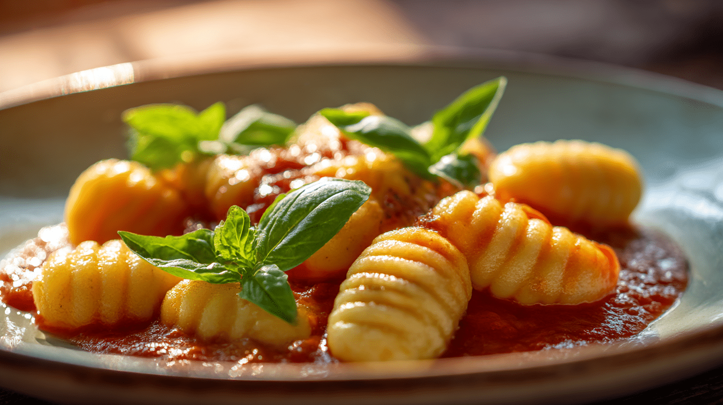 Nahaufnahme von veganen Gnocchi mit glatter Textur, überzogen mit aromatischer Kräutersauce