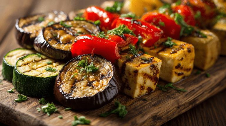 Vegan gegrilltes Gemüse mit bunten Paprika, Zucchini und Auberginen auf einem Holzkohlegrill