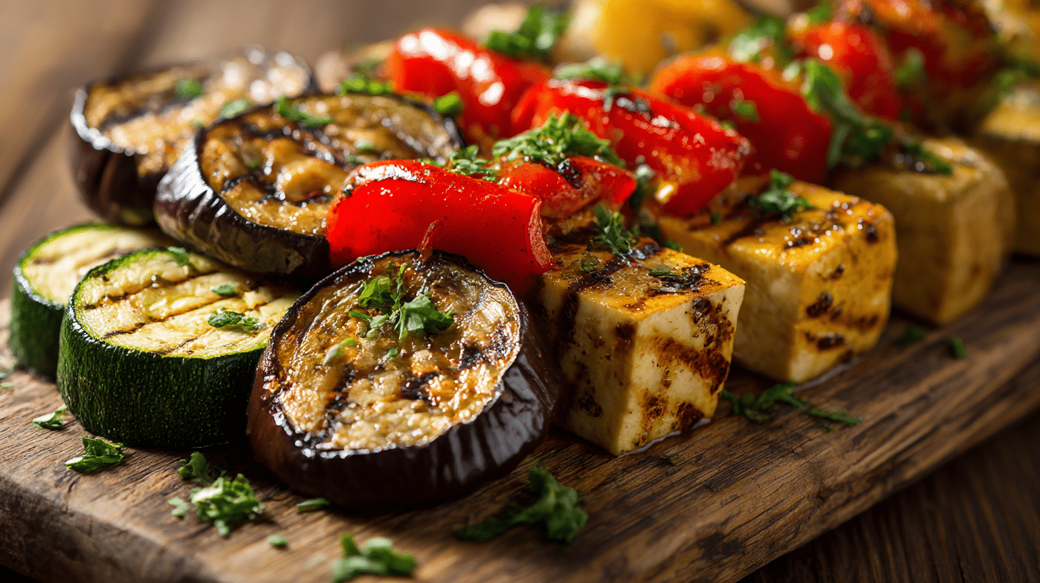 Vegan gegrilltes Gemüse mit bunten Paprika, Zucchini und Auberginen auf einem Holzkohlegrill