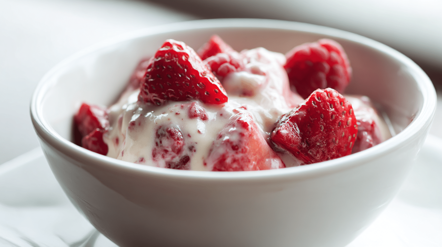 Nahaufnahme von veganem Ninja Creami mit glatter cremiger Oberfläche und dekadentem, fruchtigem Topping