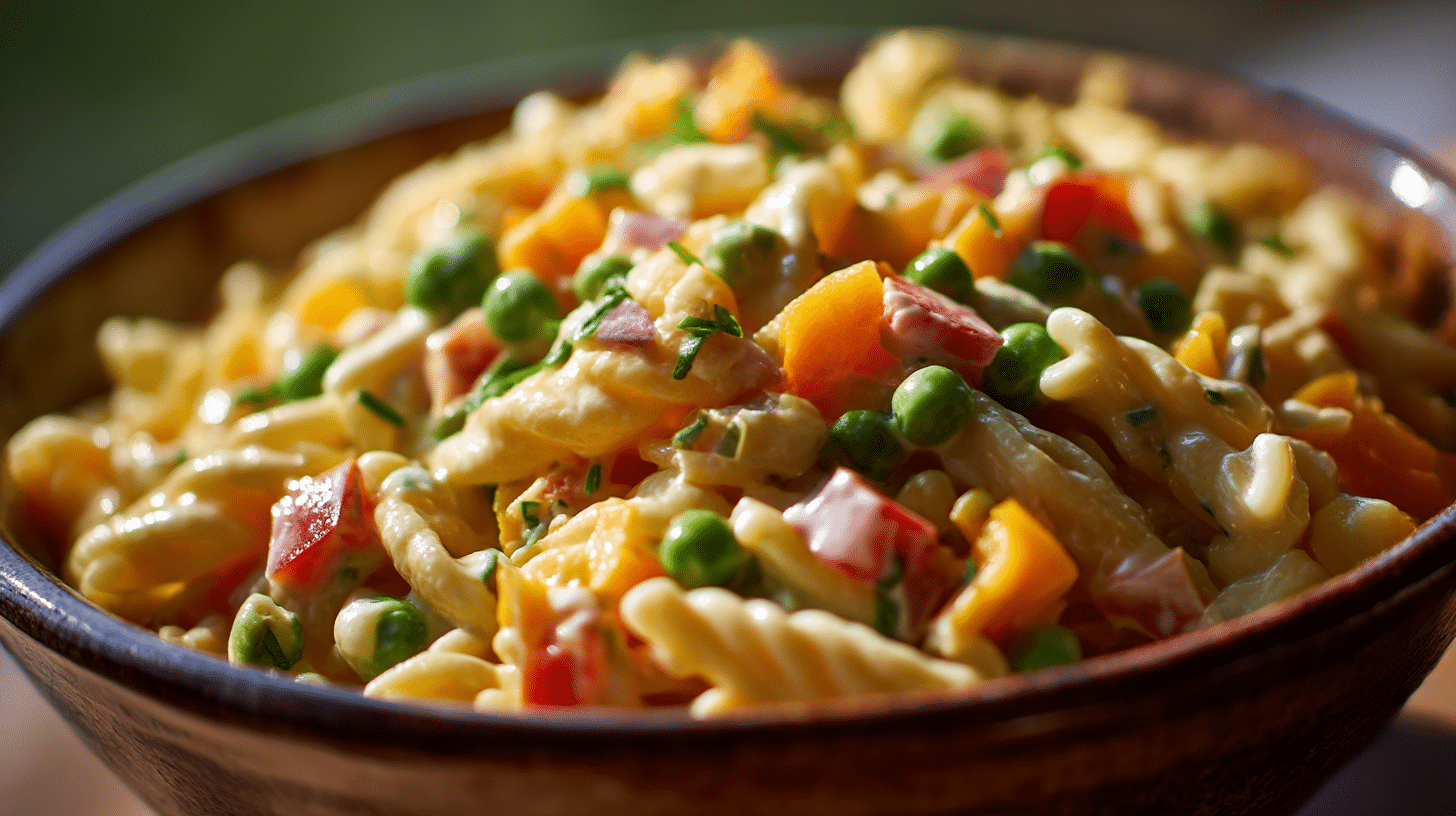 Nahaufnahme des veganen Nudelsalats mit verschiedenen Gemüsestückchen und einer cremigen Dressing-Textur