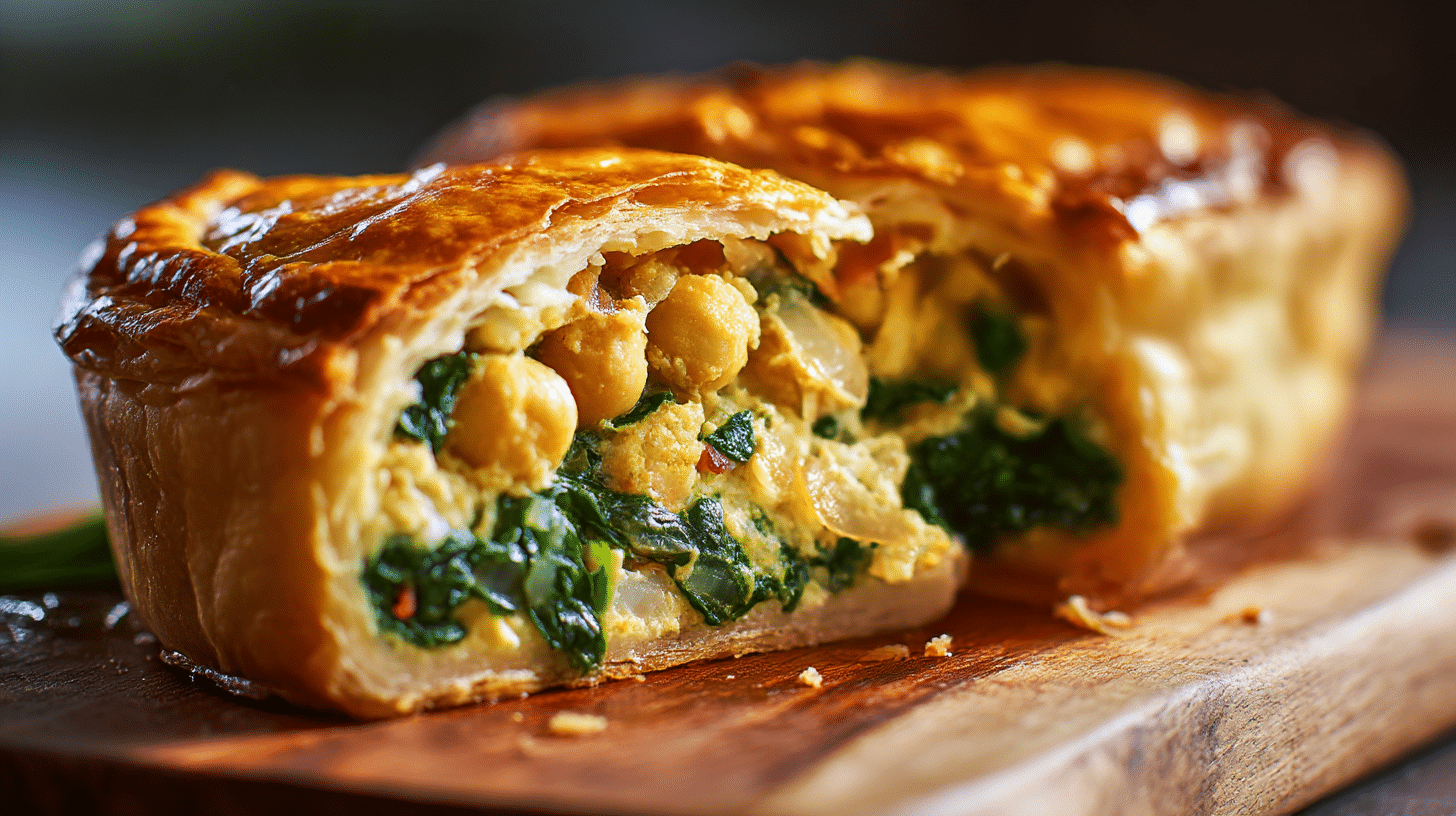 Veganisierte Quiche auf einem rustikalen Holzbrett mit buntem Gemüse und goldbrauner Kruste