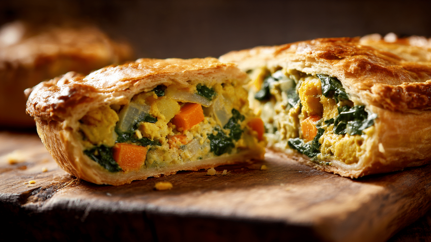 Detailaufnahme der veganen Quiche mit saftiger Füllung aus saisonalem Gemüse und zart goldener Oberseite