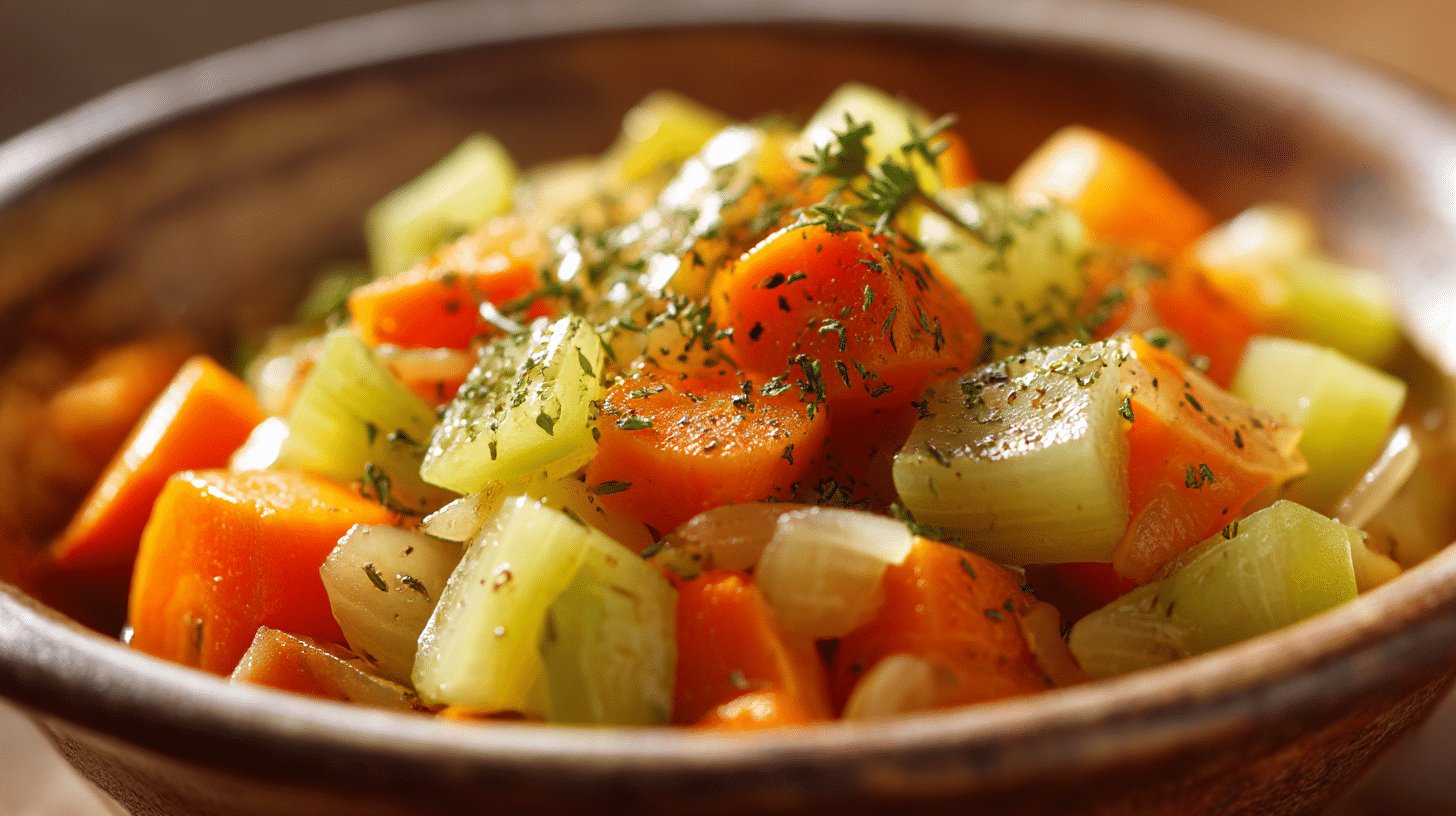 Detailaufnahme des veganen Stangensellerie-Eintopfs mit zarten Gemüsestücken und wohltuender Brühe