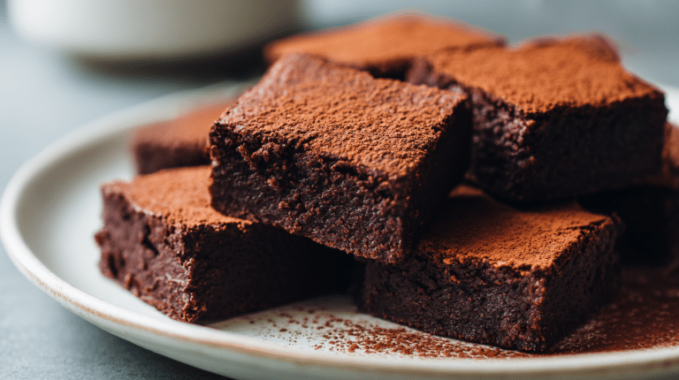 Vegane Brownies auf einem rustikalen Holzbrett mit einer glänzenden Schokoladenglasur und Walnüssen