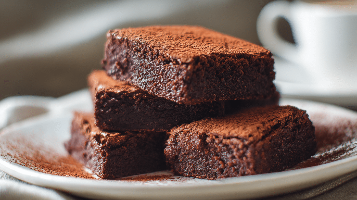 Nahaufnahme von veganen Brownies mit weicher, fudgy Textur und gleichmäßiger Schokoladenschicht