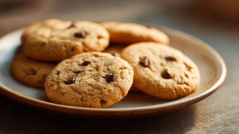 Vegane Cookies auf einem rustikalen Holzbrett, dekoriert mit Schokolade und Nüssen