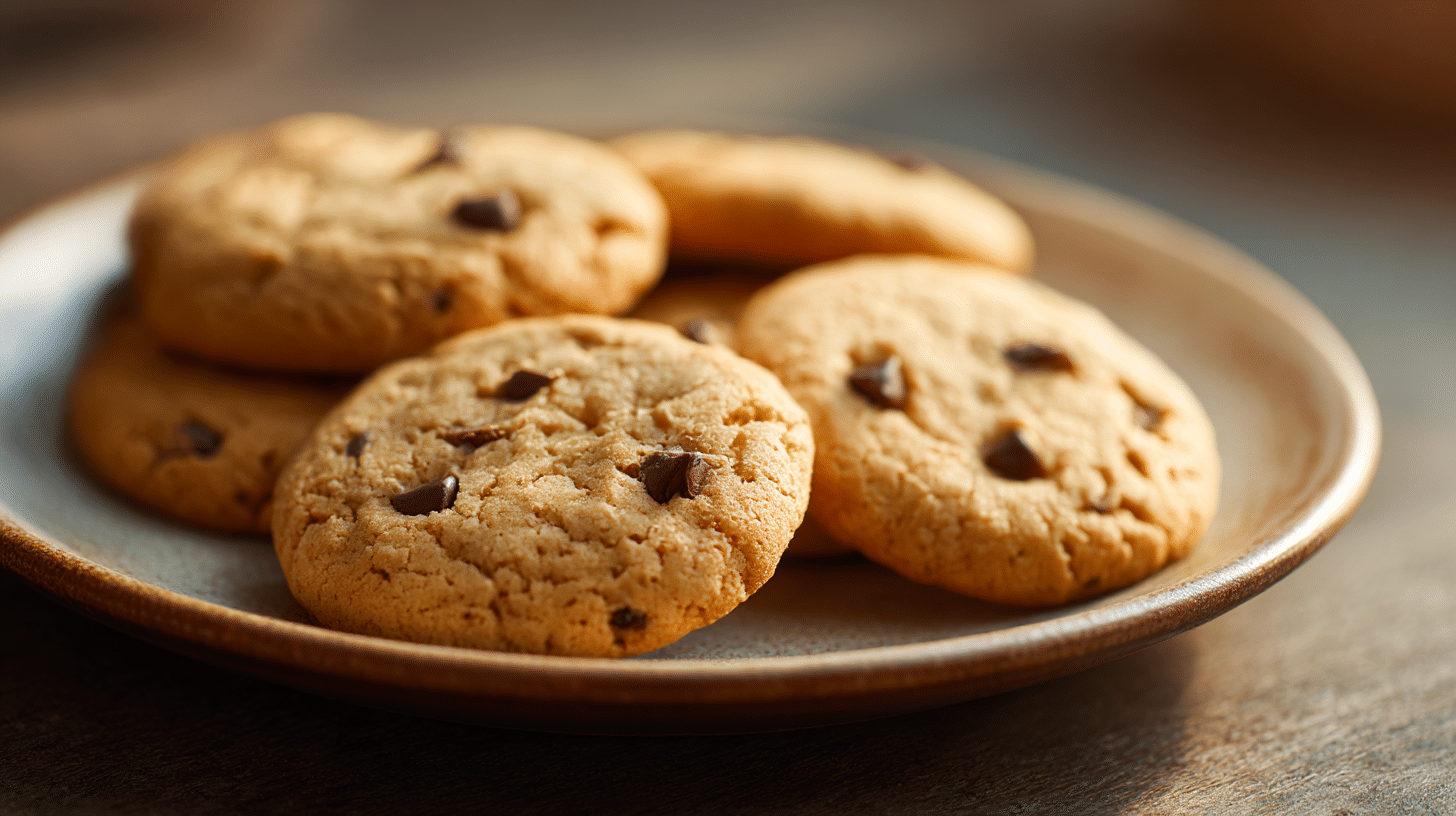Vegane Cookies 1 Vegane Cookies auf einem rustikalen Holzbrett, dekoriert mit Schokolade und Nüssen
