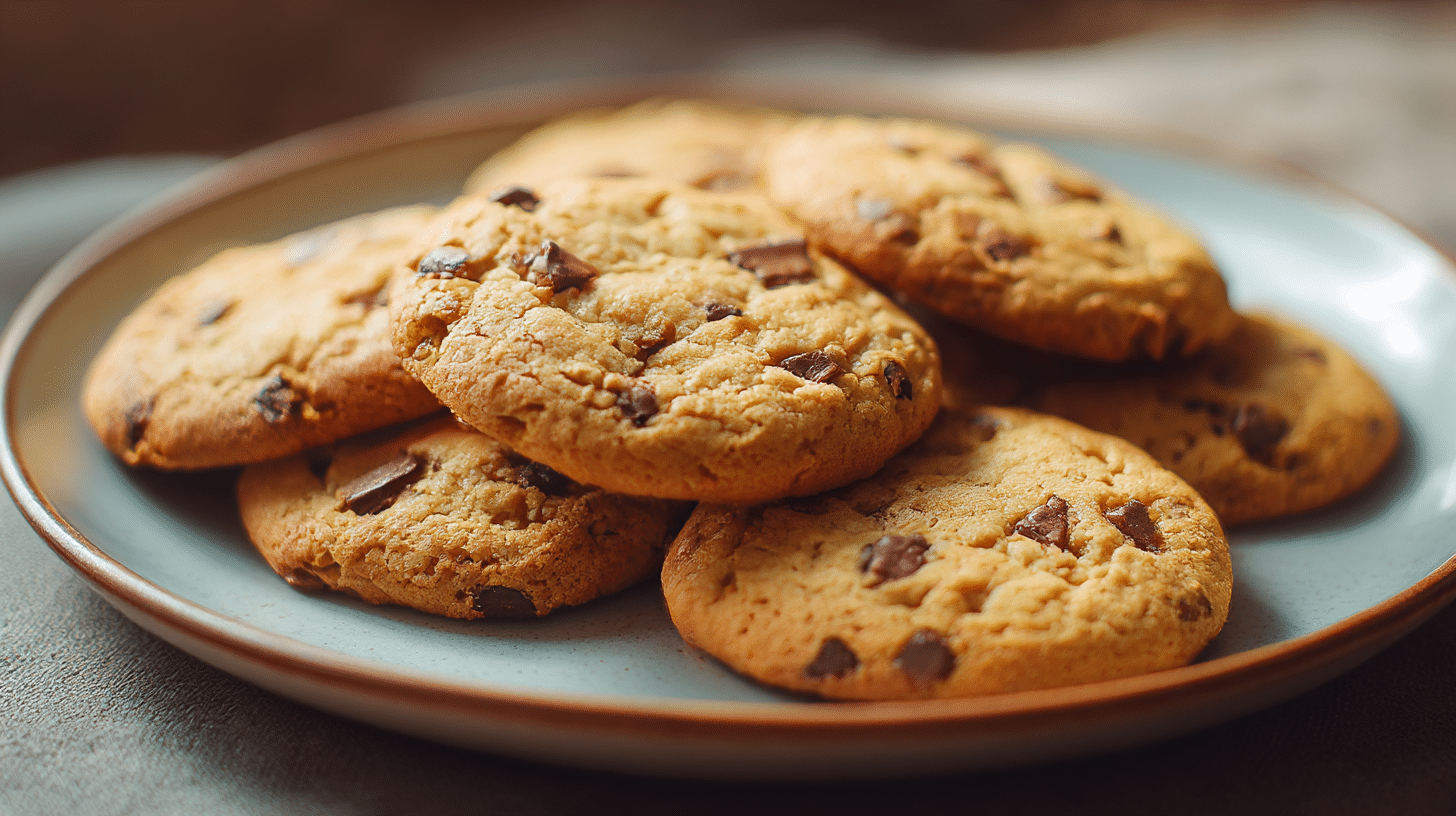 Detailaufnahme von veganen Cookies mit schmelzender Schokolade und gebrochenen Nüssen in der Mitte