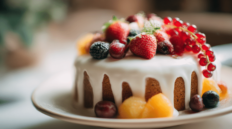 Vegane Hochzeitstorte dekoriert mit bunten Blumen und einer cremigen Schicht auf einer eleganten Tortenplatte