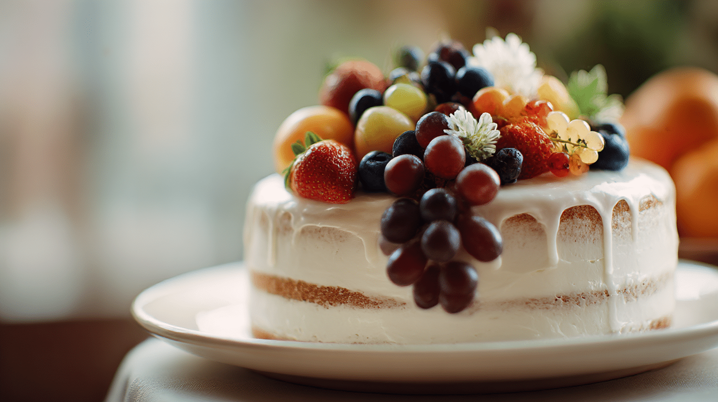 Detailaufnahme der obersten Schicht der veganen Hochzeitstorte mit glatter Creme und essbaren Blüten