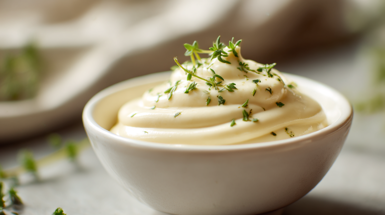 Veganisierte Mayonnaise in einer Schüssel mit frischen Kräutern und einem Löffel