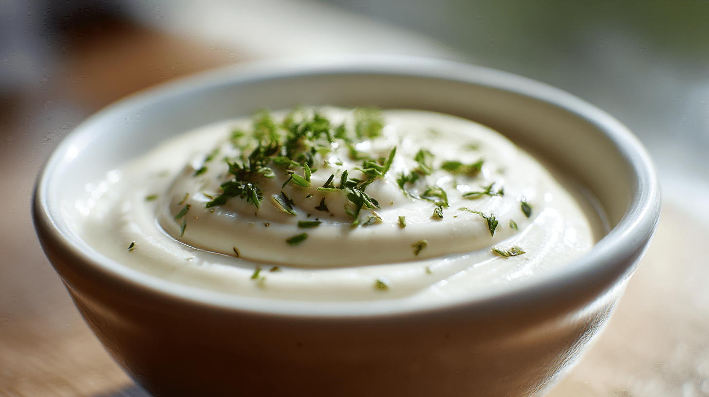 Detailaufnahme der veganen Mayo mit glatter, cremiger Textur und frischen Kräutern