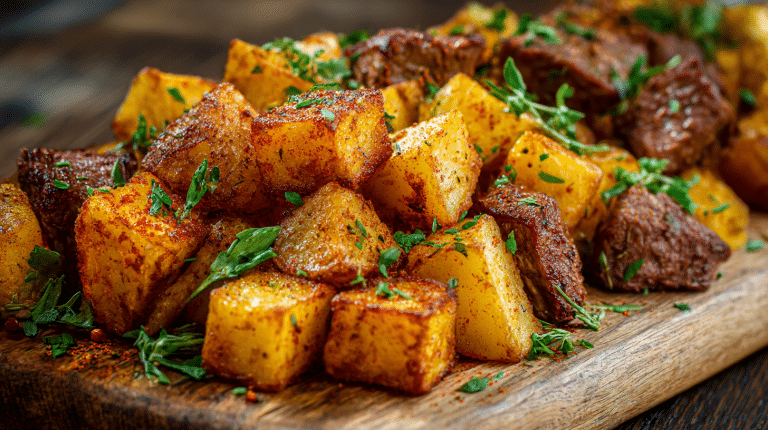 Veganer Kartoffelsalat aus dem Airfryer mit zarten Kartoffelstücken und frischen Kräutern in einer großen Schüssel