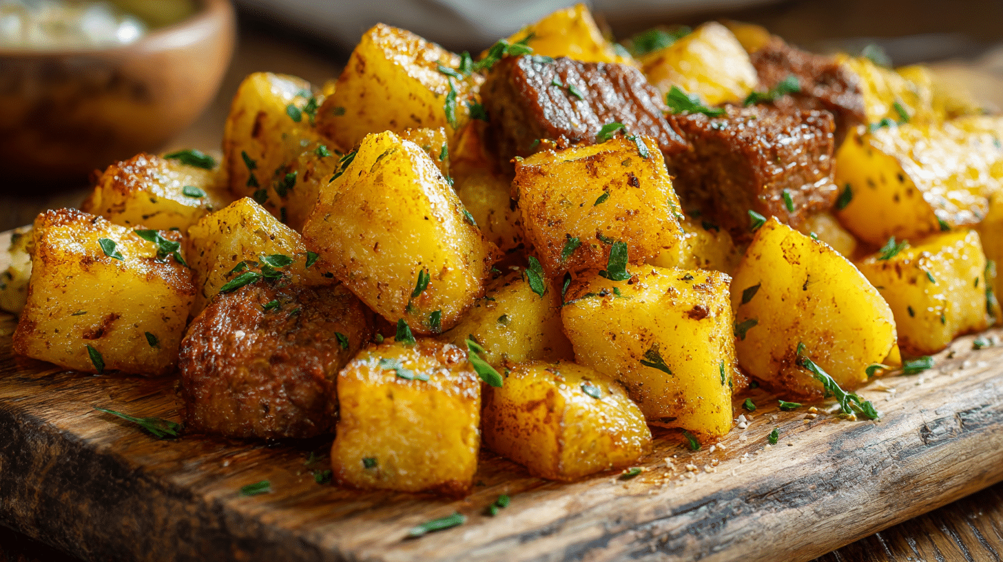 Detailaufnahme von veganem Kartoffelsalat mit knusprigen Kartoffeln und frischen Kräutern in einer Schüssel