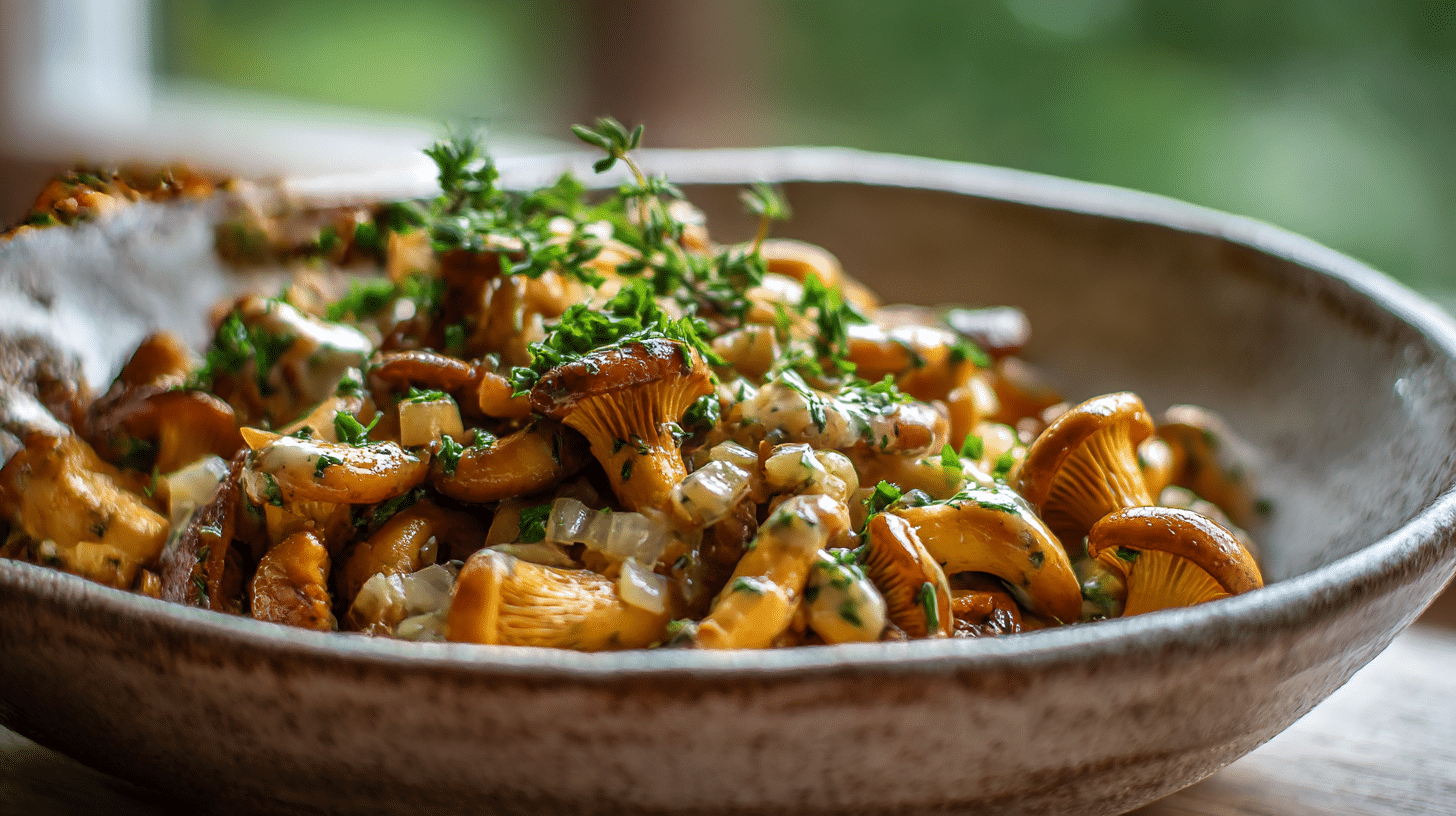 Nahaufnahme von saftigen, veganen Pfifferlingen mit lebhaften Farben und frischen Kräutern
