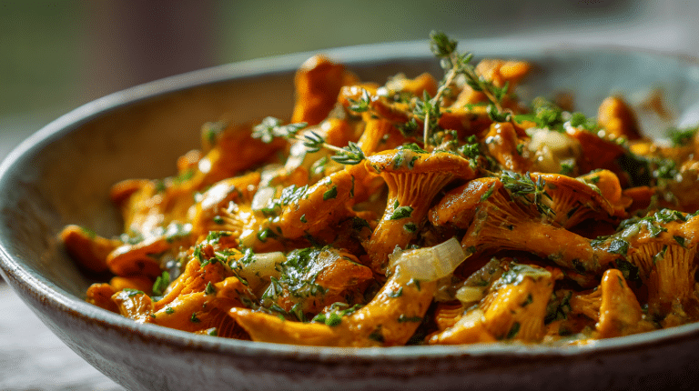 Vegane Pfifferlinge auf einem rustikalen Holzbrett mit frischen Kräutern und aromatischen Gewürzen