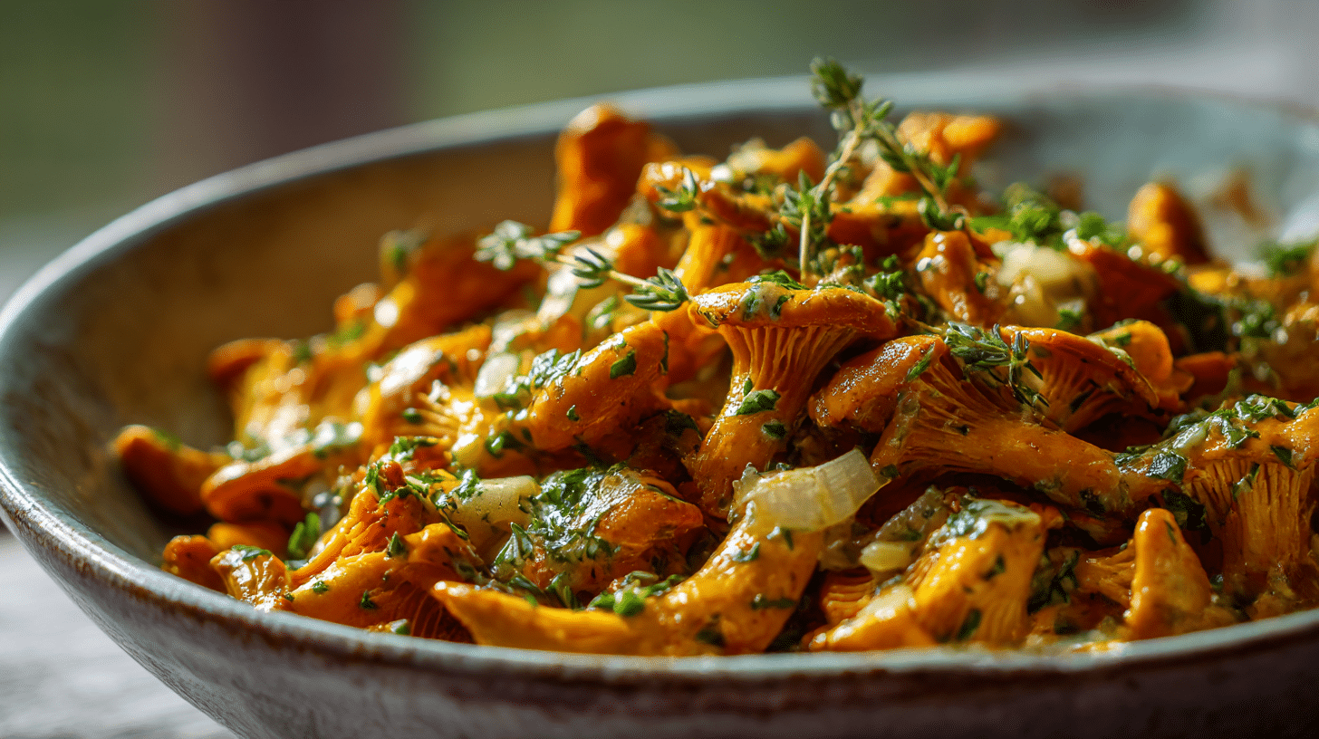 Pfifferling Rezepte vegan 1 Vegane Pfifferlinge auf einem rustikalen Holzbrett mit frischen Kräutern und aromatischen Gewürzen