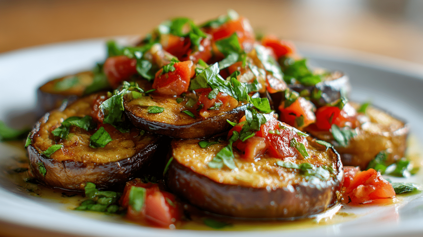 Veganes Aubergine Gericht auf einem Holzbrett, garnierte mit frischen Kräutern und Tomatensauce