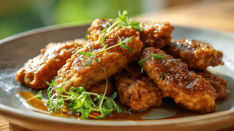 Veganes Hähnchen auf einem Holzteller, umgeben von frischem Gemüse und Kräutern, serviert mit einer cremigen Sauce