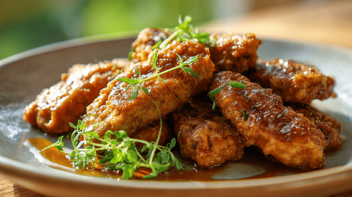 Veganes Hähnchen auf einem Holzteller, umgeben von frischem Gemüse und Kräutern, serviert mit einer cremigen Sauce