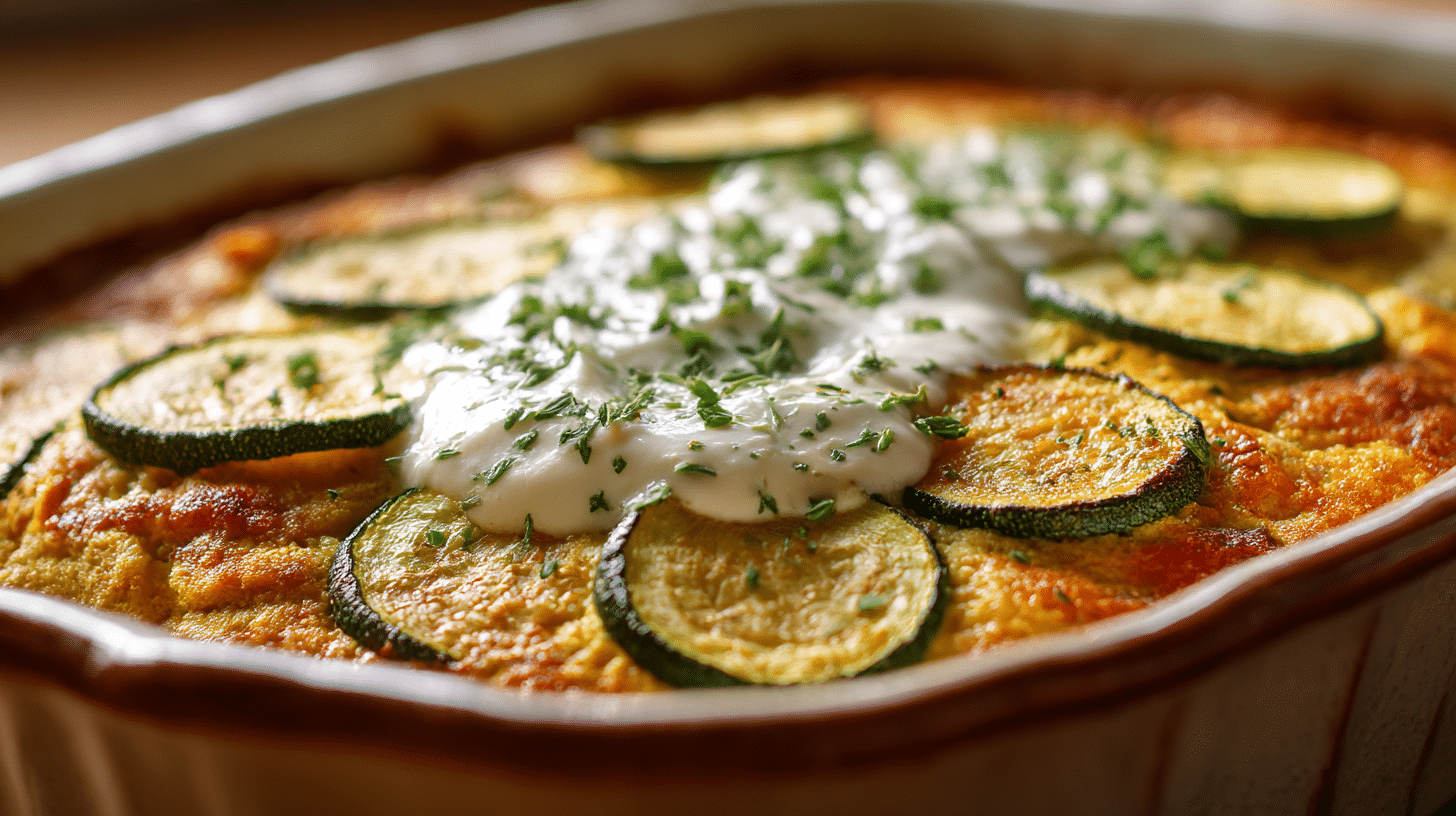 Detailaufnahme von gebratener Zucchini mit goldbraunen Rändern und aromatischen Kräutern