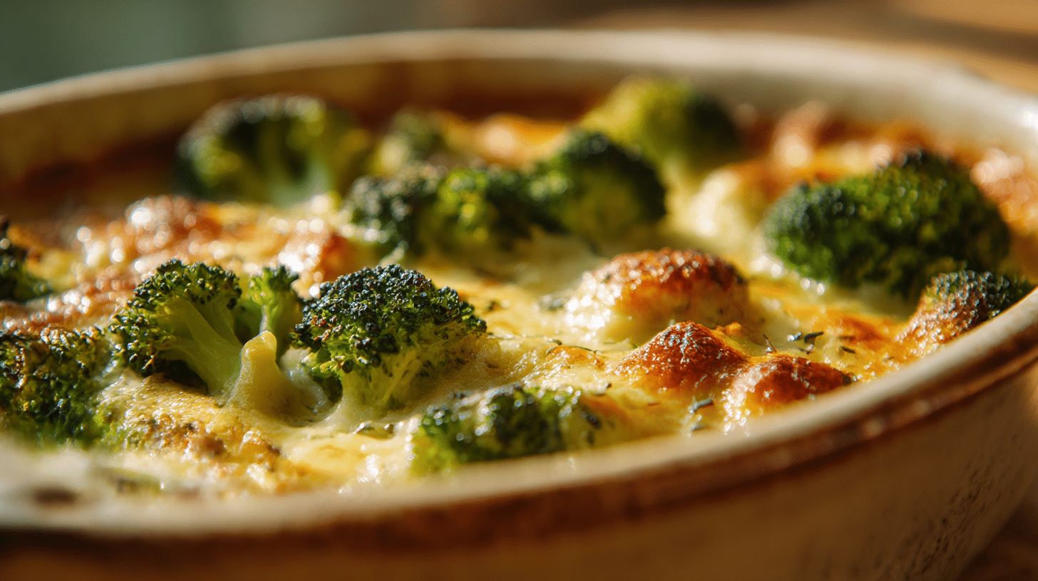 Nahaufnahme des veganen Brokkoli-Auflaufs mit goldbraun gebackenen Bröseln und schmelzender Soße