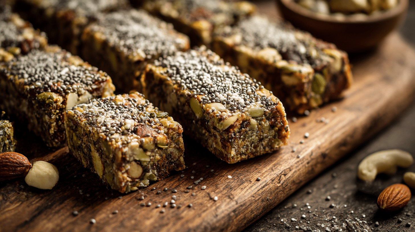 Vegane Proteinriegel auf einem Teller mit Nüssen und Trockenfrüchten für einen gesunden Snack