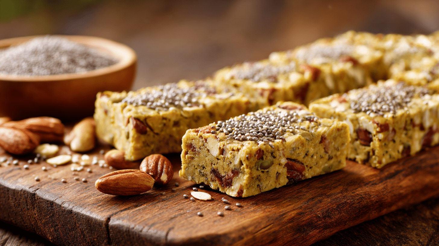 Detailaufnahme der veganen Proteinriegel mit sichtbaren Nüssen und einer knusprigen Oberfläche
