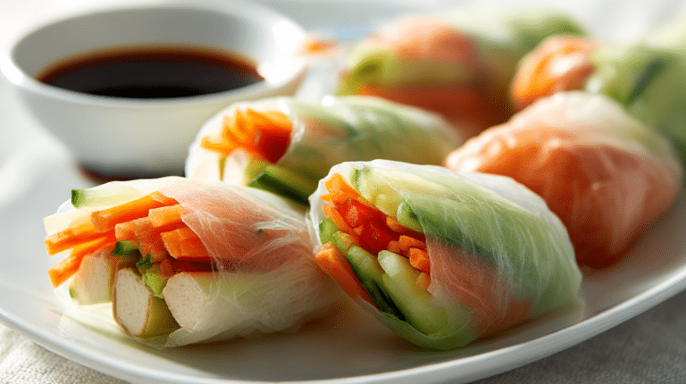 Sommerrollen vegan 9 Veganisierte Sommerrollen mit buntem Gemüse und frischen Kräutern auf einem weißen Teller