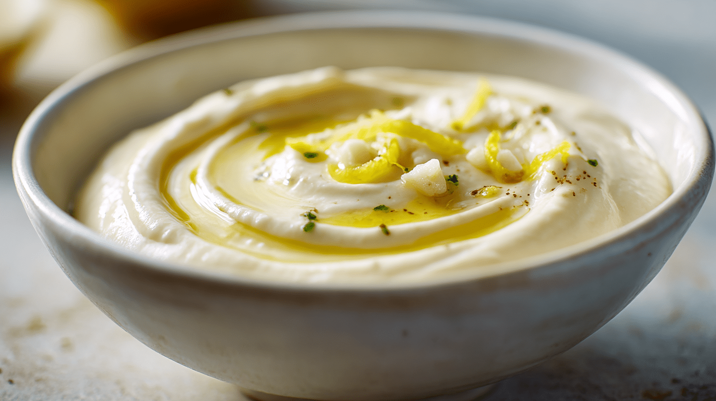 Nahaufnahme von veganer Aioli mit frischen Kräutern, serviert mit knusprigem Brot