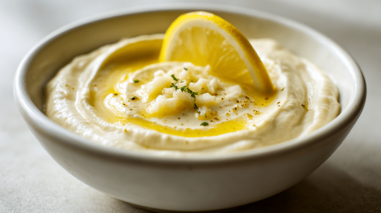 Vegan Aioli 7 Vegane Aioli in einer kleinen Schüssel mit frischen Knoblauchzehen und Kräutern