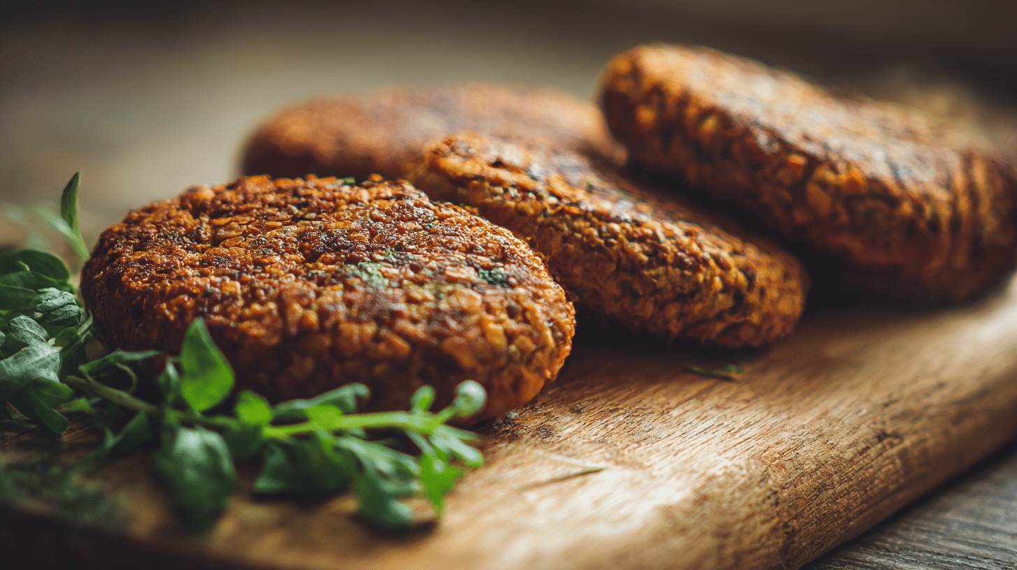 Detailansicht eines veganen Burger Patties, schön geröstet mit goldbrauner Kruste und frischen Gewürzen