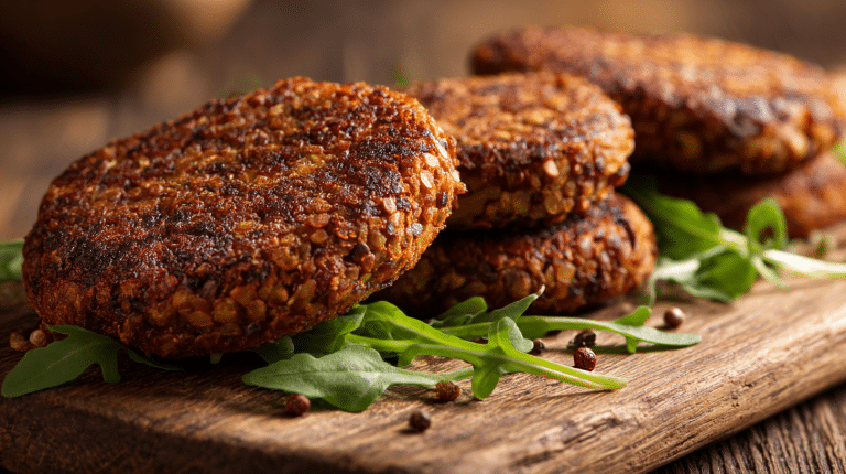 Vegane Burger Patties 6 Vegane Burger Patties auf einem rustikalen Holzbrett angerichtet mit frischen Kräutern und Avocado