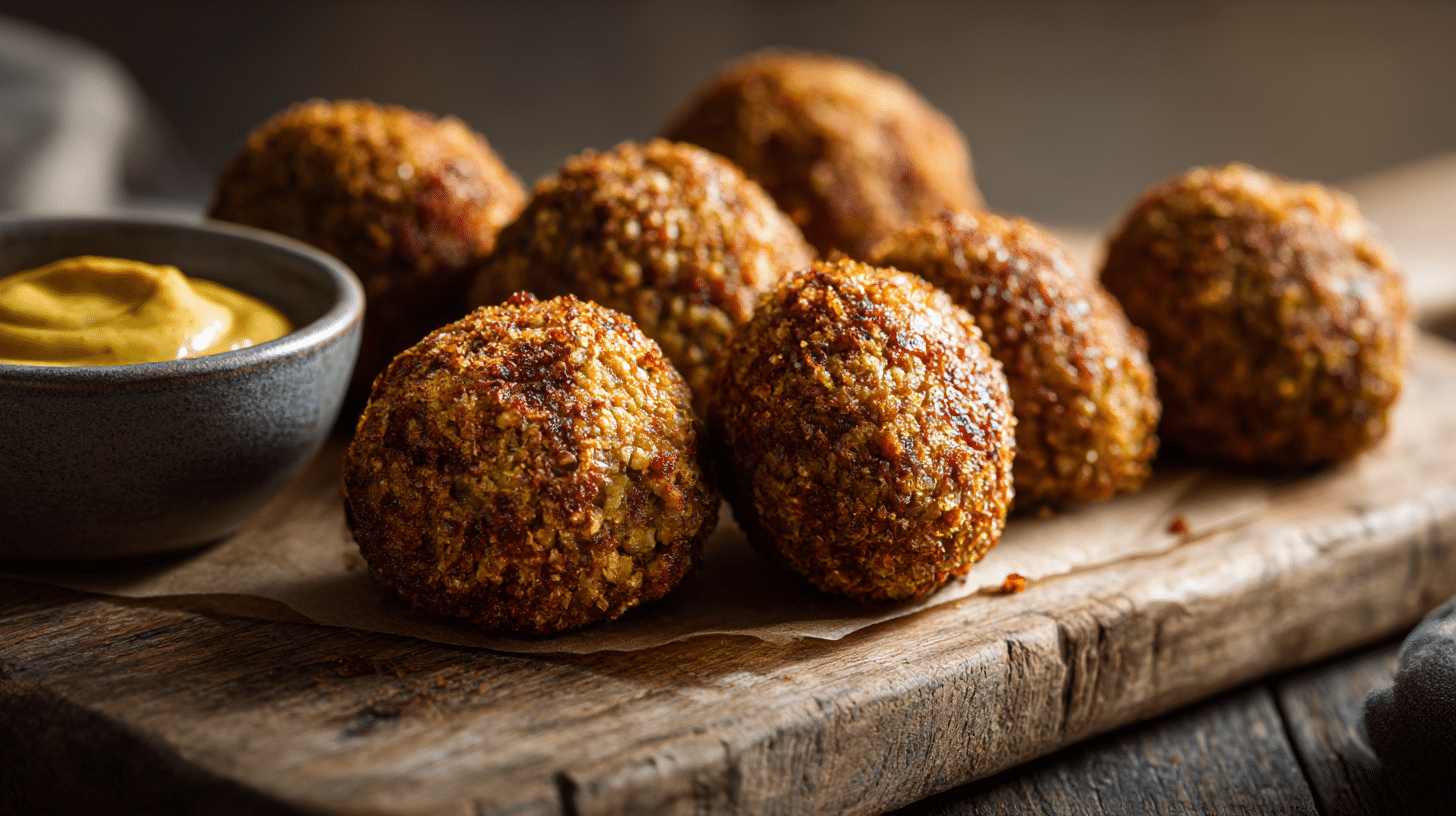 Vegane Frikadellen 1 Vegane Frikadellen auf einem Holzbrett, garniert mit frischem Petersilien und Senf im Hintergrund