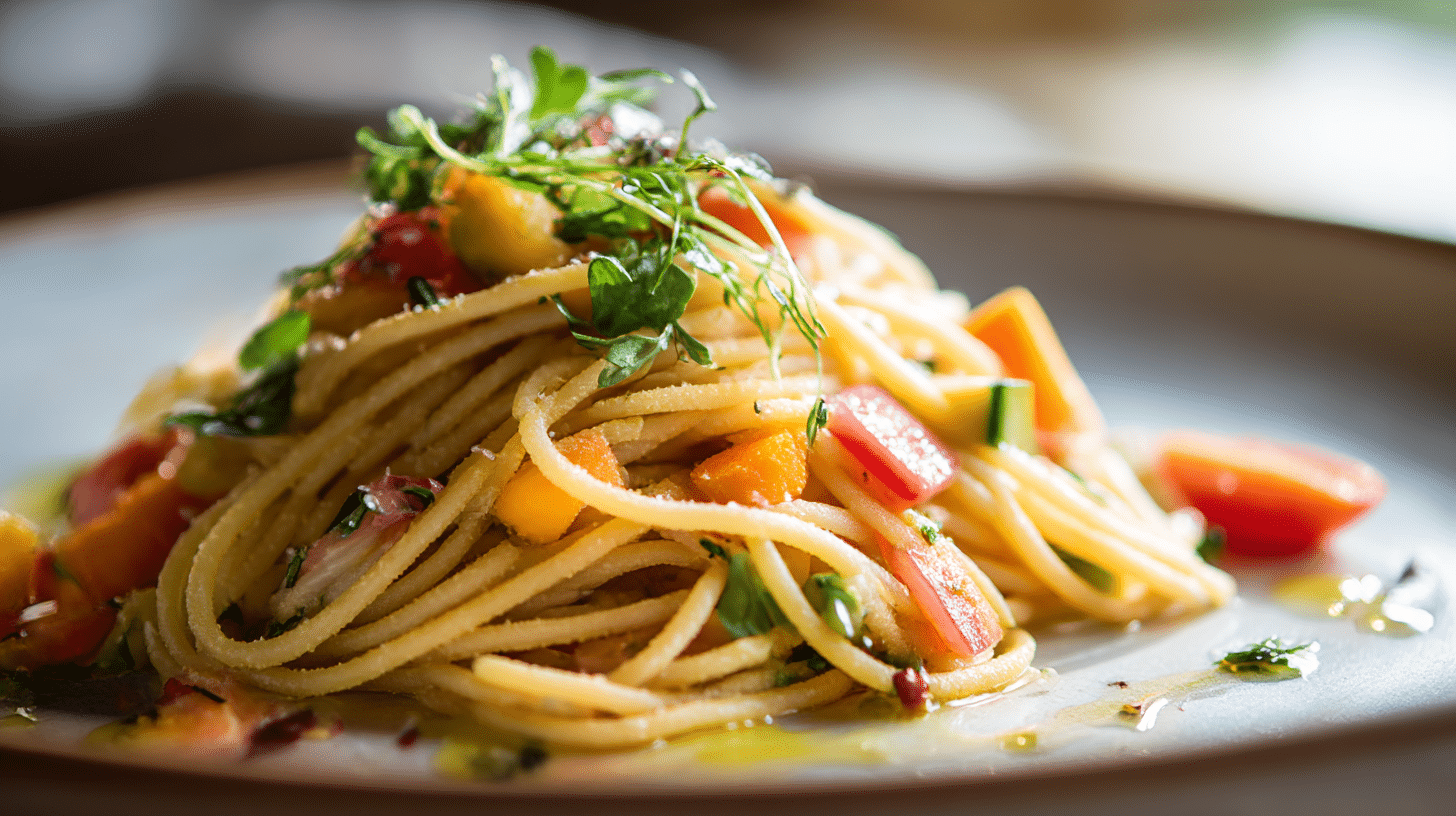 Vegane Pasta Rezepte 1 Vegane Pasta mit frischem Gemüse in einer bunten Schüssel, die den traditionellen deutschen Genuss widerspiegelt