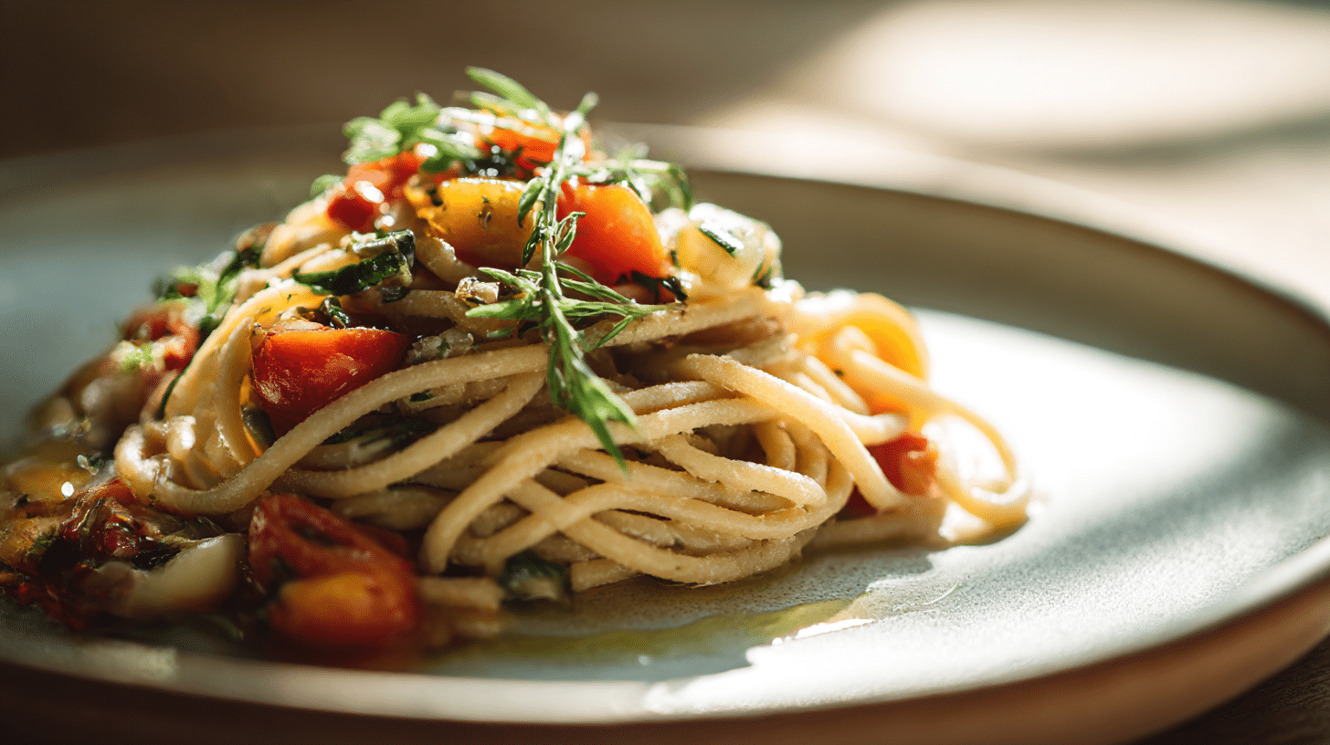Nahaufnahme von veganer Pasta mit aromatischer Soße und frischen Kräutern, die die Textur und Qualität hebt