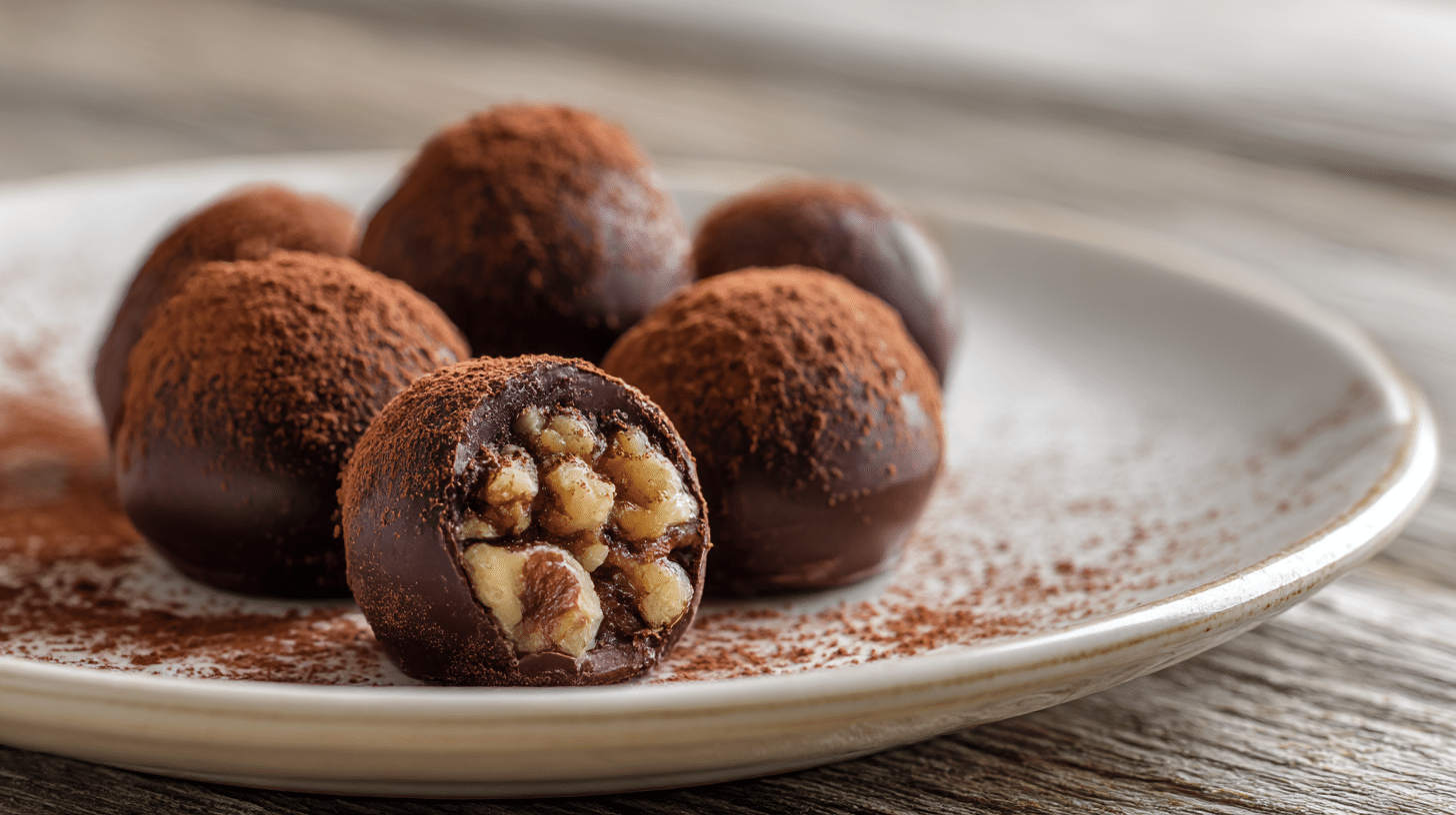 Vegane Pralinen Rezepte 1 Veganisierte Pralinen auf einem rustikalen Holzbrett, verziert mit Kakao und Nüssen - traditionelle Süßigkeit pflanzlich interpretiert