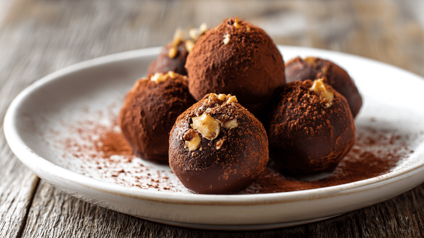 Nahaufnahme von veganen Pralinen, die mit zartem Schokoladenüberzug und gehackten Mandeln verziert sind