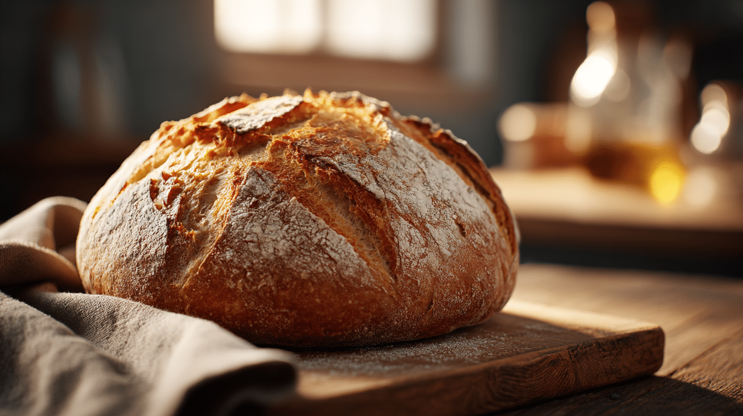 Veganisiertes Brot auf einem Holzbrett mit goldbraunen Krusten und frischen Kräutern dekoriert