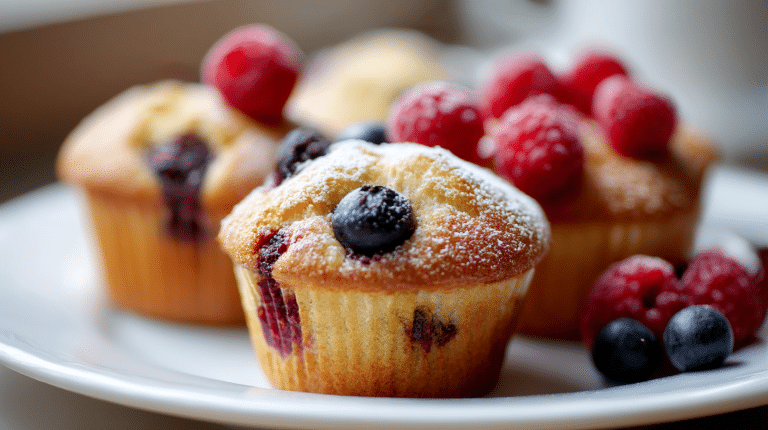 Schmackhafte vegane Muffins auf einem rustikalen Holzbrett, mit bunten Früchten und einem Hauch von Puderzucker