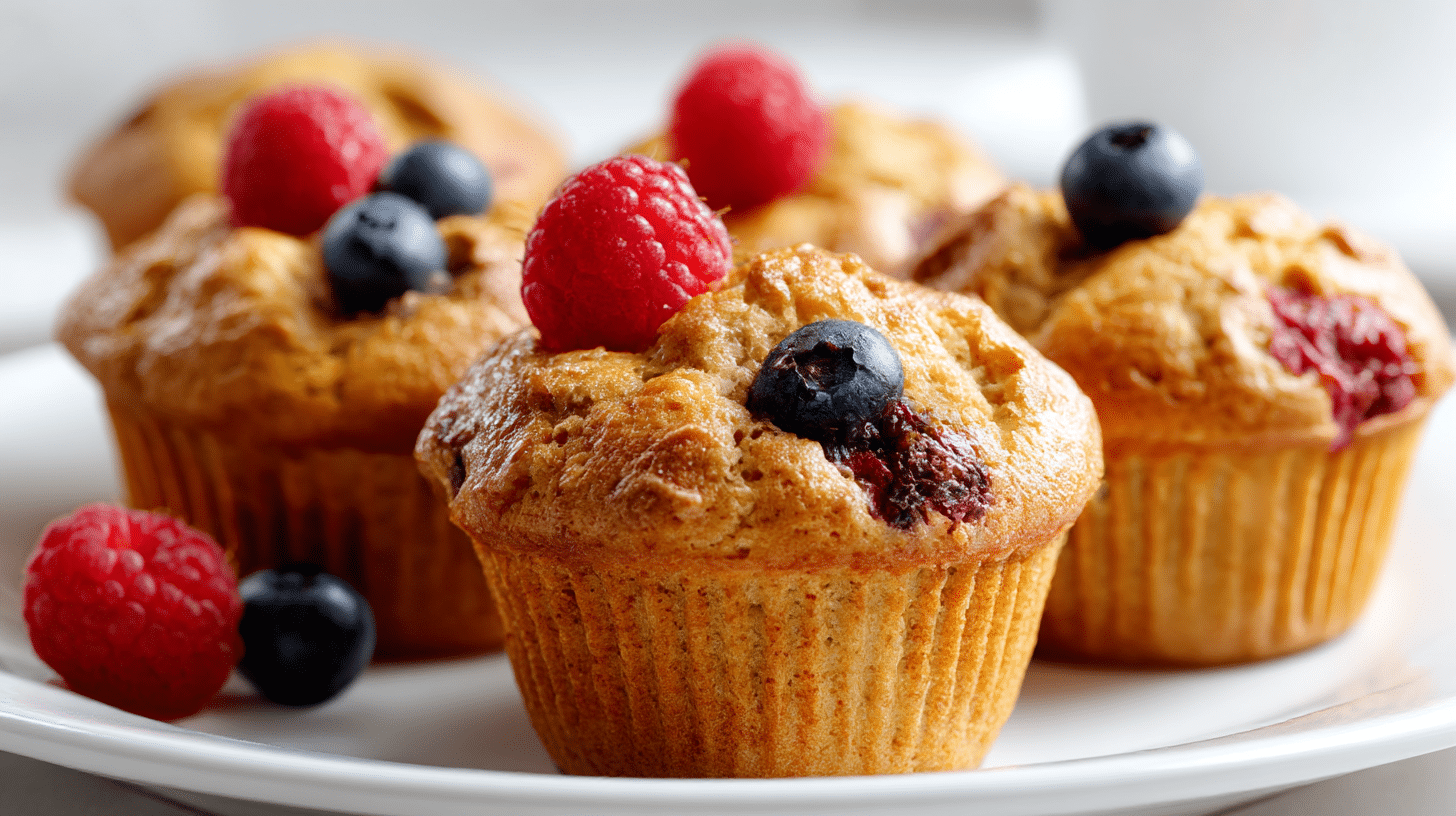 Nahaufnahme von veganen Muffins mit saftiger Beerenfüllung und knuspriger Oberfläche