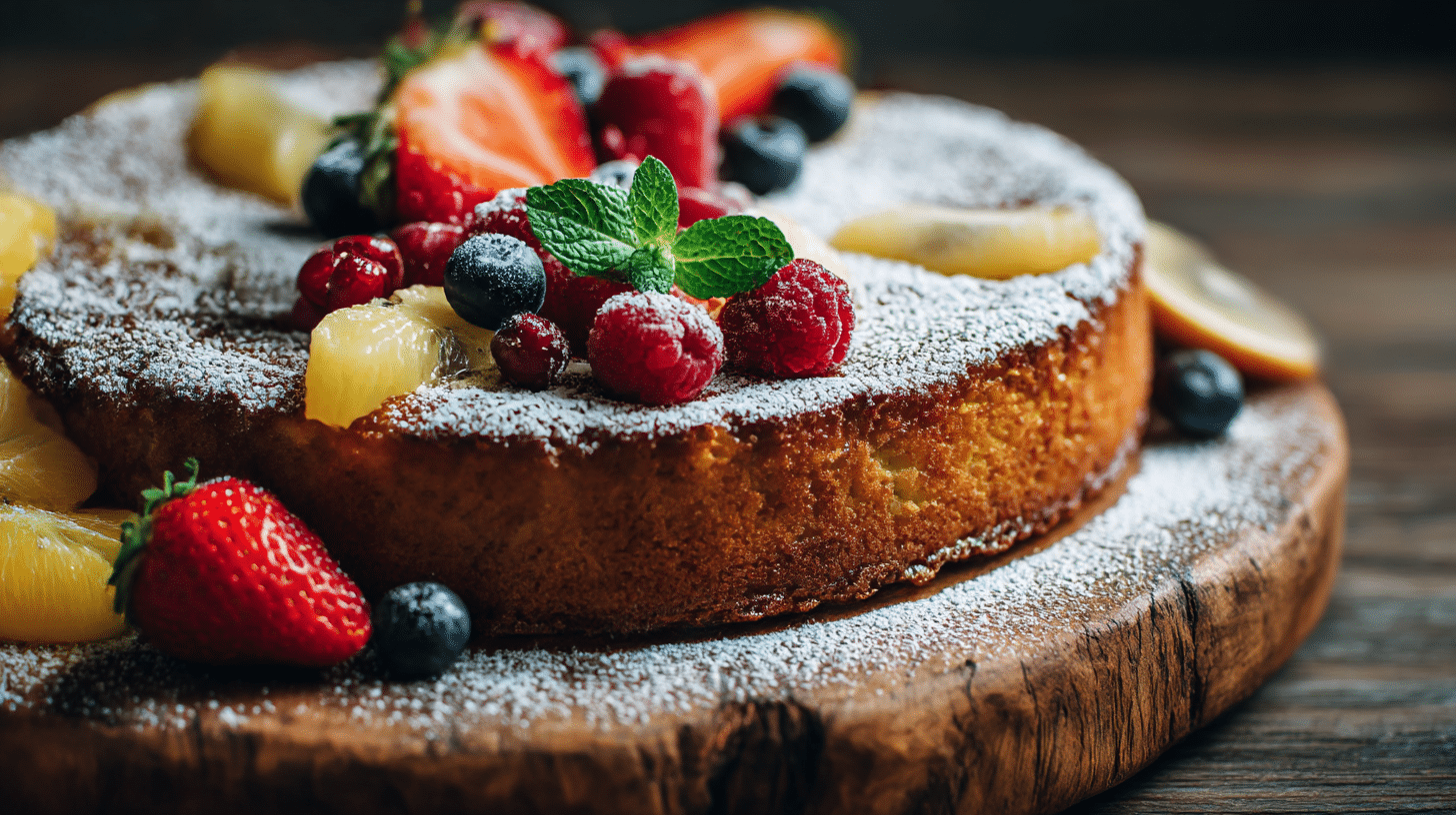 Detailaufnahme der veganen Torte mit einer samtigen Creme und fruchtiger Dekoration