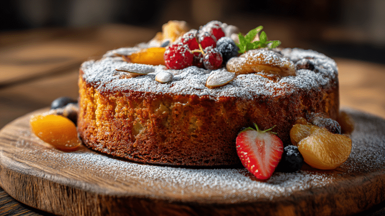 Veganisierte Torte mit frischen Beeren und einer cremigen Schicht auf einem eleganten Teller