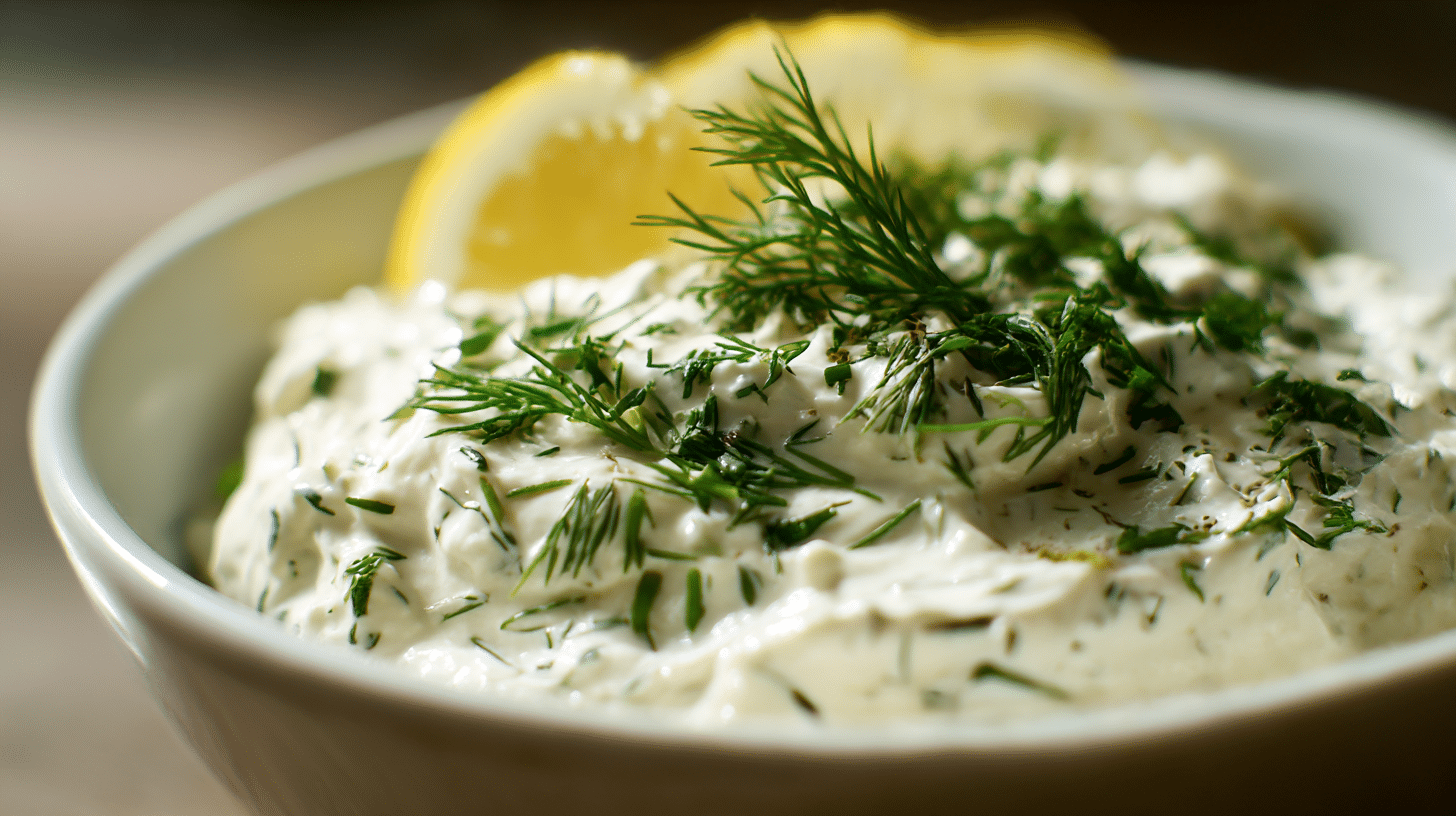 Nahaufnahme des veganen Dips mit feiner Textur und frischen Kräutern, serviert in einem rustikalen Gefäß