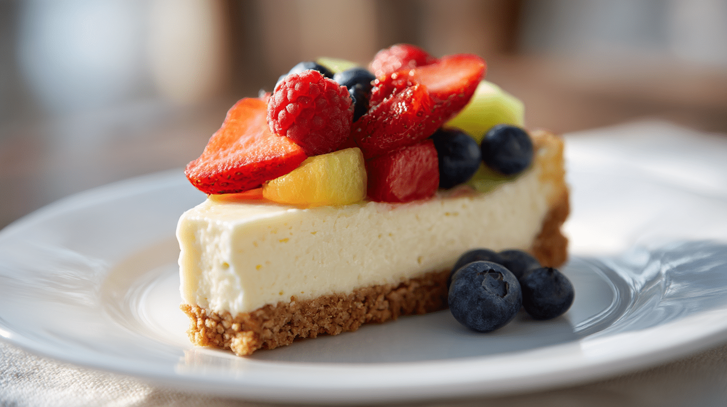 Nahaufnahme eines Stücks veganer Käsekuchen mit einer zarten und geschmeidigen Füllung, garniert mit Minze